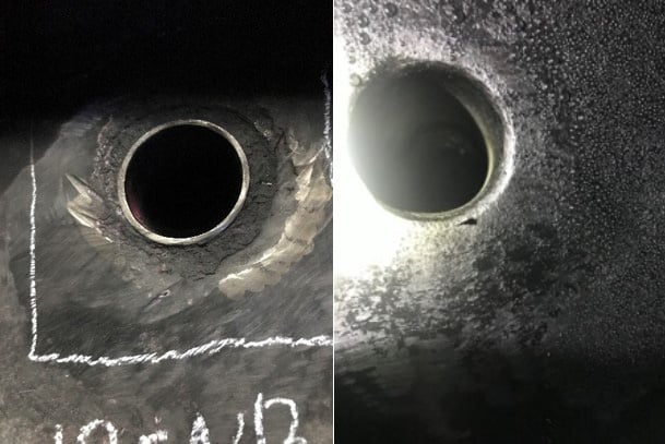 small bore nozzle pitting corrosion in the upper section of the fractionation column
