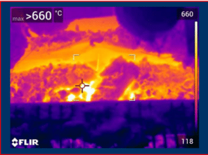 infrared view of the hot spot in a fired heater caused by refractory failure